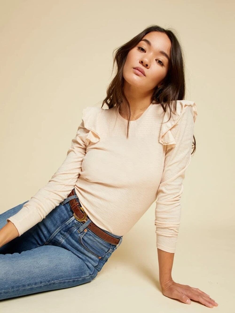 Nation LTD Dalila Victorian Crewneck Ruffled Slub Cotton Tee Antique Cream L